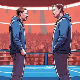 A high-resolution digital painting captures a hypothetical face-off between Elon Musk and Mark Zuckerberg