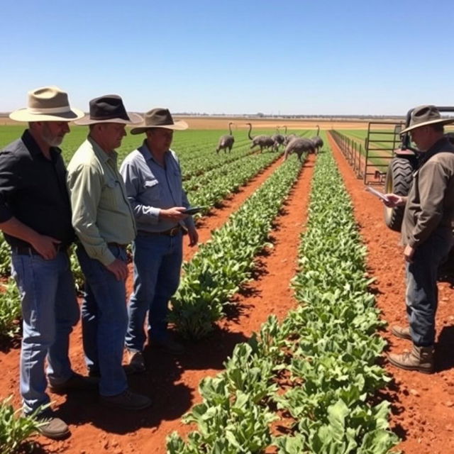 Farmers inspecting crops damaged by emus in an Australian farmland setting