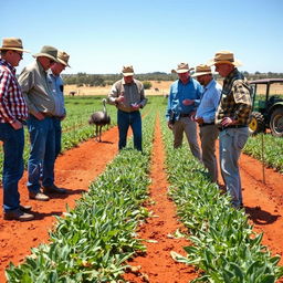 Farmers inspecting crops damaged by emus in an Australian farmland setting