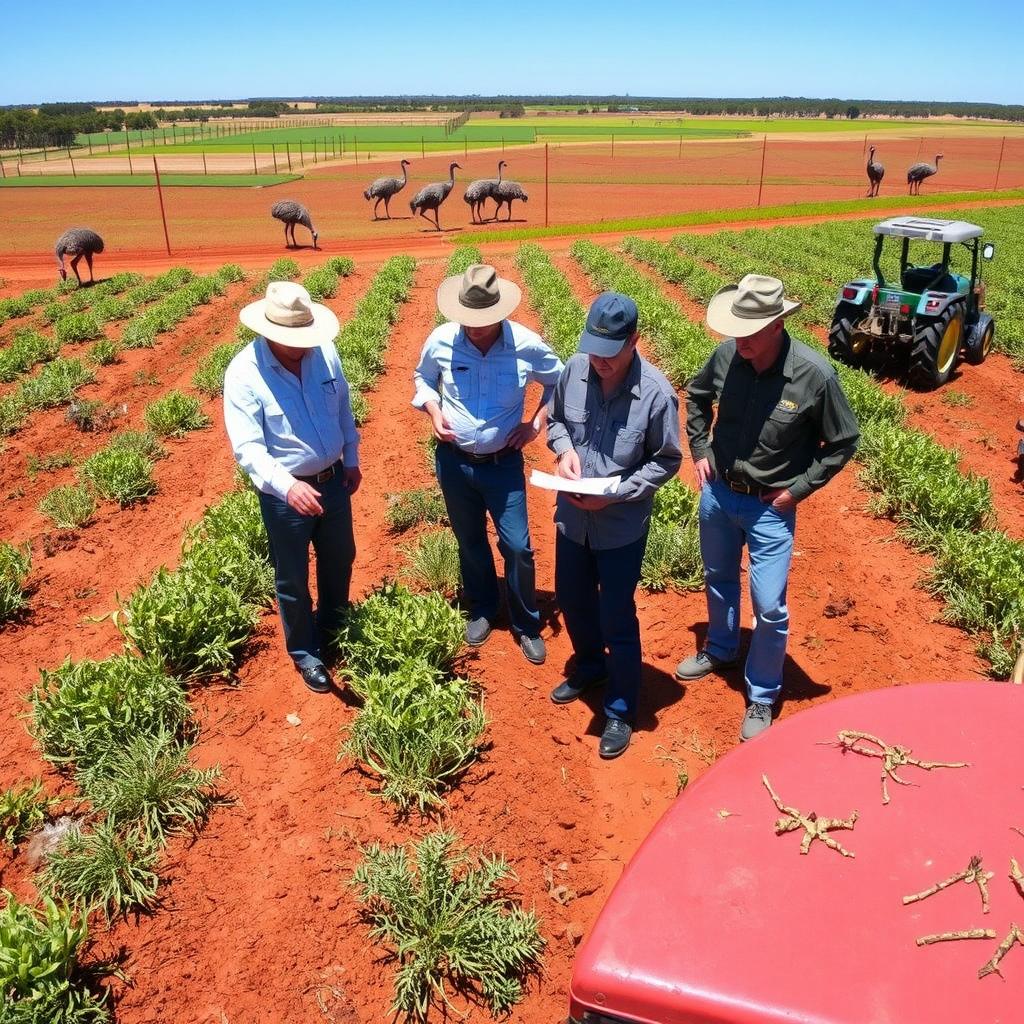 Farmers inspecting crops damaged by emus in an Australian farmland setting