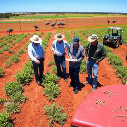 Farmers inspecting crops damaged by emus in an Australian farmland setting