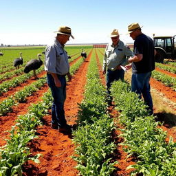 Farmers inspecting crops damaged by emus in an Australian farmland setting