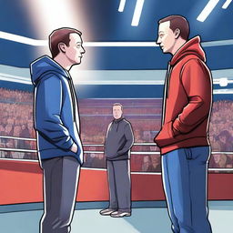 A high-resolution digital painting captures a hypothetical face-off between Elon Musk and Mark Zuckerberg