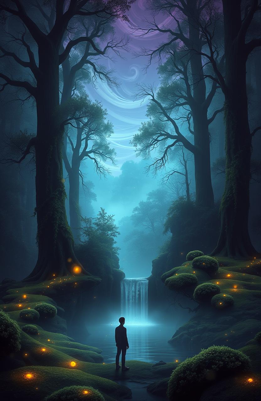 An ethereal scene depicting a vast, misty forest at twilight, with towering trees draped in glowing vines