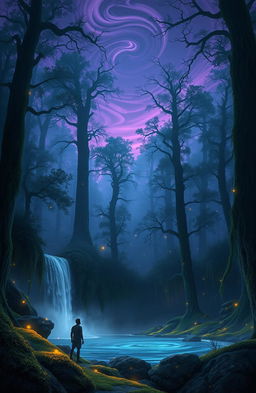 An ethereal scene depicting a vast, misty forest at twilight, with towering trees draped in glowing vines
