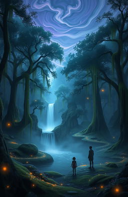 An ethereal scene depicting a vast, misty forest at twilight, with towering trees draped in glowing vines