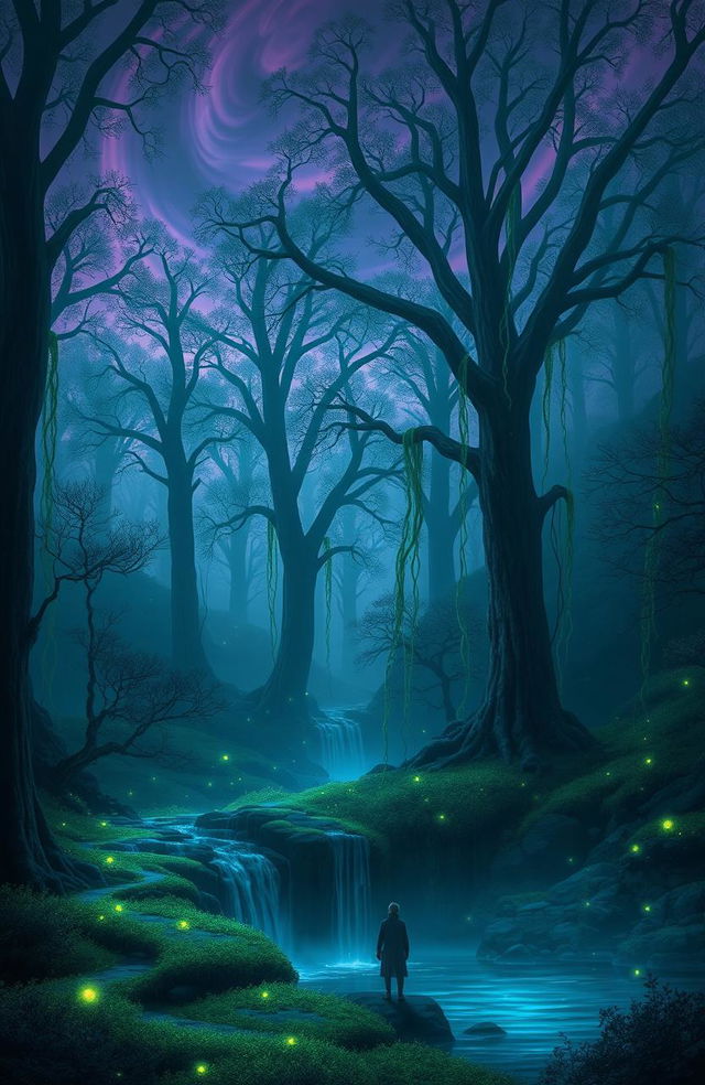 An ethereal scene depicting a vast, misty forest at twilight, with towering trees draped in glowing vines