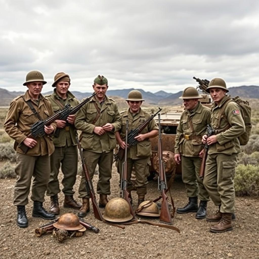 A group of soldiers standing together with outdated military equipment in a rugged outdoor setting