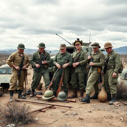 A group of soldiers standing together with outdated military equipment in a rugged outdoor setting