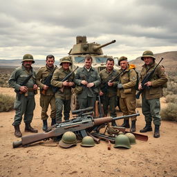 A group of soldiers standing together with outdated military equipment in a rugged outdoor setting