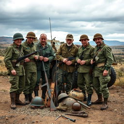 A group of soldiers standing together with outdated military equipment in a rugged outdoor setting