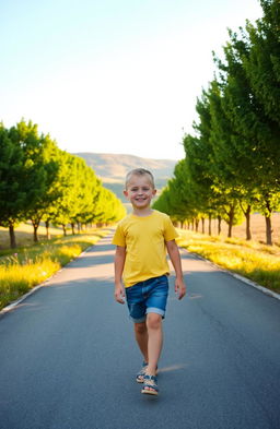 A young boy walking down a sunlit road lined with lush green trees