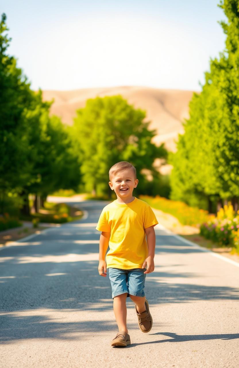 A young boy walking down a sunlit road lined with lush green trees