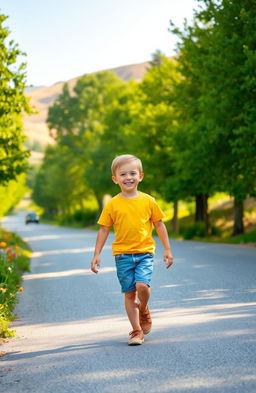 A young boy walking down a sunlit road lined with lush green trees