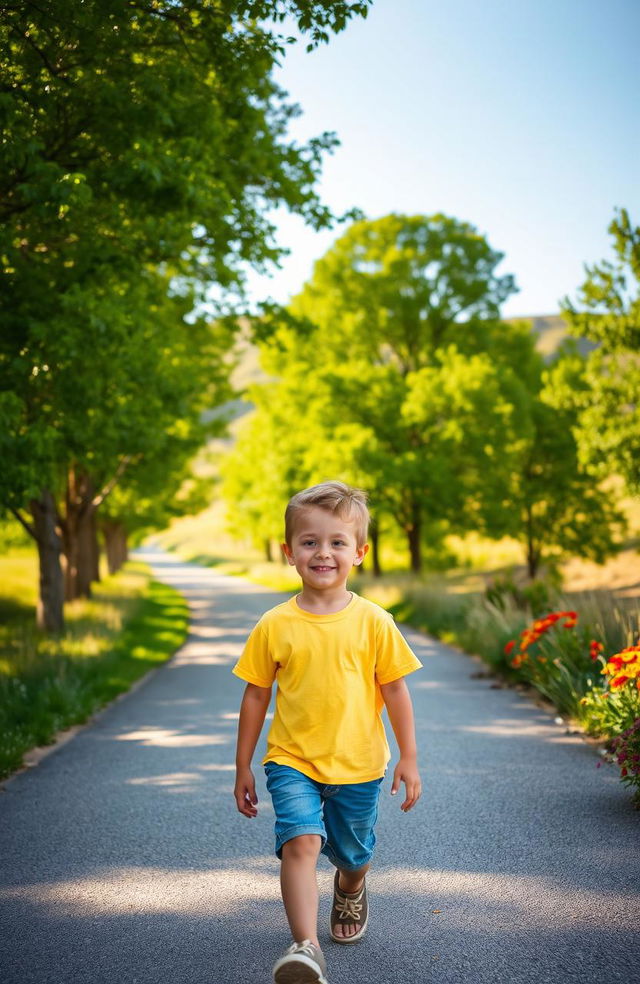 A young boy walking down a sunlit road lined with lush green trees