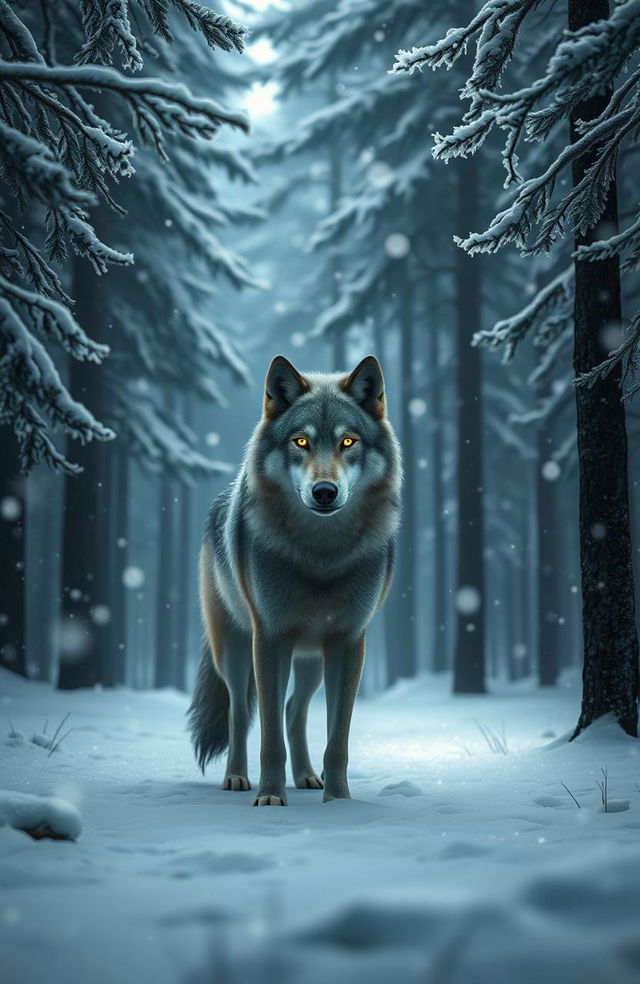 A mystical wolf standing majestically in a serene winter forest, surrounded by gently falling snowflakes