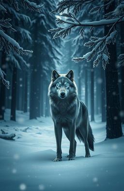 A mystical wolf standing majestically in a serene winter forest, surrounded by gently falling snowflakes