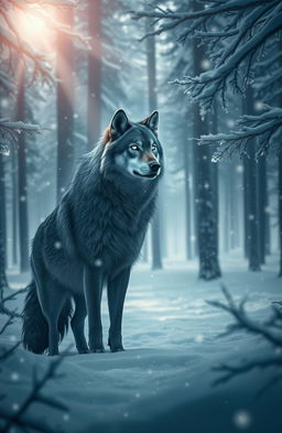 A mystical wolf standing majestically in a serene winter forest, surrounded by gently falling snowflakes