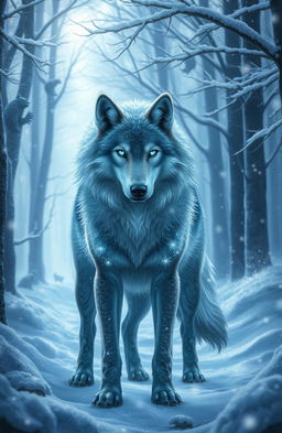 A majestic magic wolf with shimmering fur standing in a fantasy winter forest, surrounded by snow-covered trees