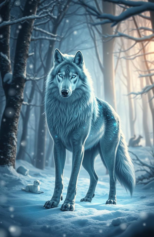 A majestic magic wolf with shimmering fur standing in a fantasy winter forest, surrounded by snow-covered trees