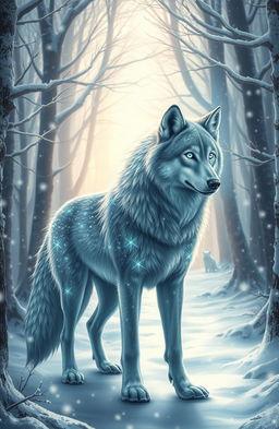 A majestic magic wolf with shimmering fur standing in a fantasy winter forest, surrounded by snow-covered trees