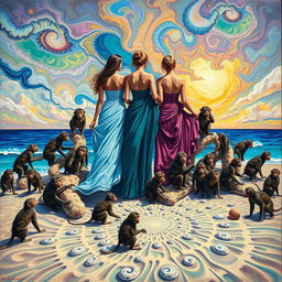 An oil painting featuring three women on a beach, surrounded by an enchanting and chaotic multitude of monkeys, all depicted in a vibrant style inspired by Salvador Dali and incorporating elements of fractal art