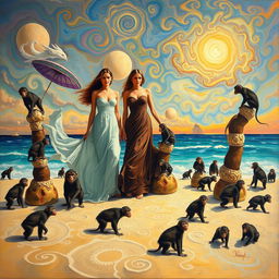 An oil painting featuring three women on a beach, surrounded by an enchanting and chaotic multitude of monkeys, all depicted in a vibrant style inspired by Salvador Dali and incorporating elements of fractal art