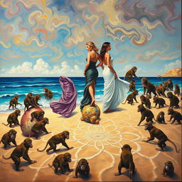 An oil painting featuring three women on a beach, surrounded by an enchanting and chaotic multitude of monkeys, all depicted in a vibrant style inspired by Salvador Dali and incorporating elements of fractal art