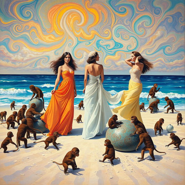 An oil painting featuring three women on a beach, surrounded by an enchanting and chaotic multitude of monkeys, all depicted in a vibrant style inspired by Salvador Dali and incorporating elements of fractal art