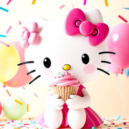 A cute, large cartoon character resembling Hello Kitty, with a white face and iconic bow on her left ear, wearing a pink dress and holding a cupcake topped with pastel frosting