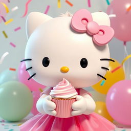 A cute, large cartoon character resembling Hello Kitty, with a white face and iconic bow on her left ear, wearing a pink dress and holding a cupcake topped with pastel frosting