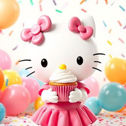 A cute, large cartoon character resembling Hello Kitty, with a white face and iconic bow on her left ear, wearing a pink dress and holding a cupcake topped with pastel frosting