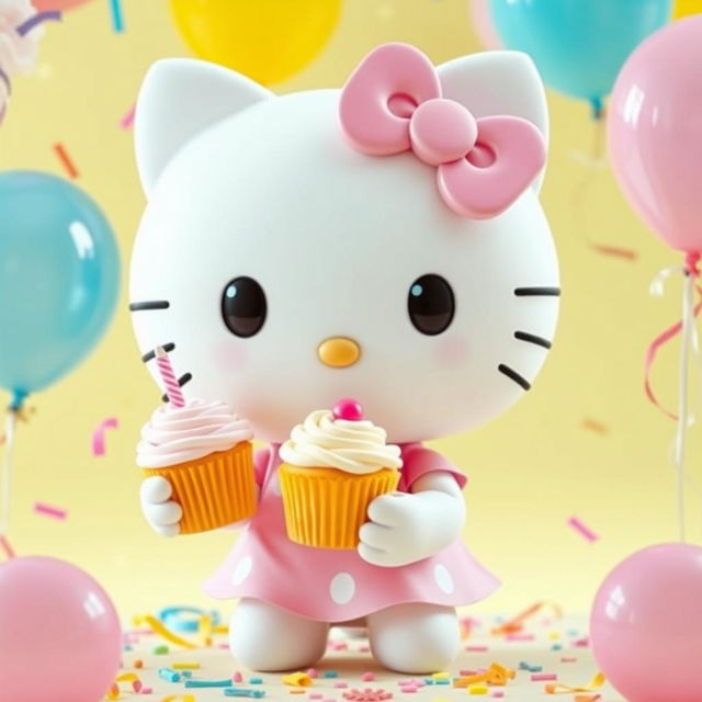 A cute, large cartoon character resembling Hello Kitty, with a white face and iconic bow on her left ear, wearing a pink dress and holding a cupcake topped with pastel frosting