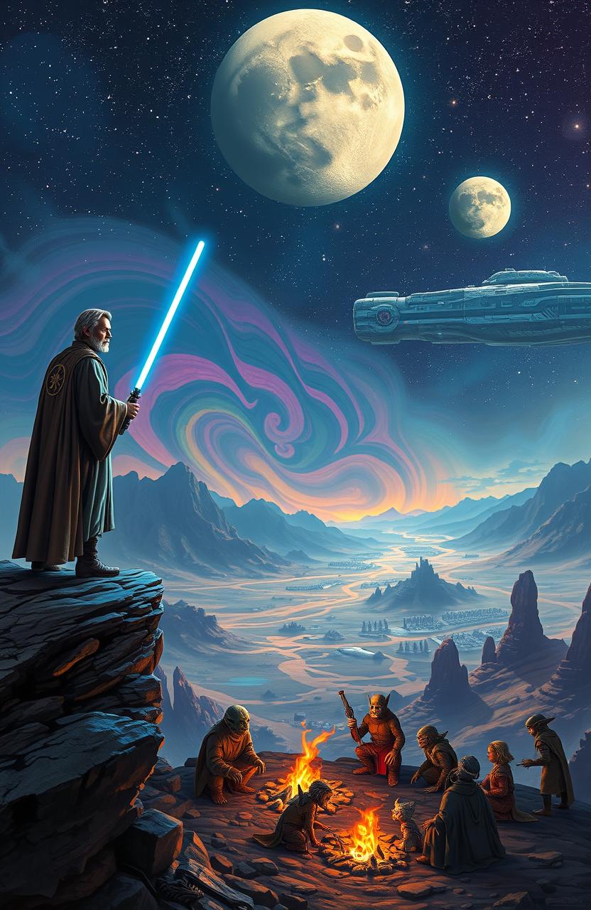 A dramatic scene set in a distant galaxy, featuring a Jedi Knight wielding a glowing blue lightsaber standing on a rocky cliff overlooking a vibrant planet filled with swirling colors, exotic landscapes, and a massive spaceship in the distance