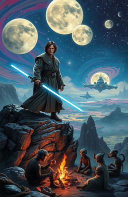 A dramatic scene set in a distant galaxy, featuring a Jedi Knight wielding a glowing blue lightsaber standing on a rocky cliff overlooking a vibrant planet filled with swirling colors, exotic landscapes, and a massive spaceship in the distance