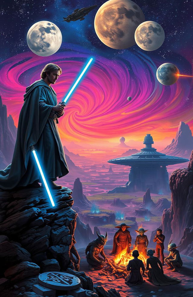 A dramatic scene set in a distant galaxy, featuring a Jedi Knight wielding a glowing blue lightsaber standing on a rocky cliff overlooking a vibrant planet filled with swirling colors, exotic landscapes, and a massive spaceship in the distance