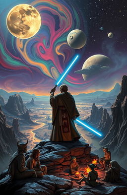 A dramatic scene set in a distant galaxy, featuring a Jedi Knight wielding a glowing blue lightsaber standing on a rocky cliff overlooking a vibrant planet filled with swirling colors, exotic landscapes, and a massive spaceship in the distance