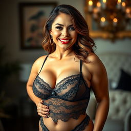 A sultry and alluring photographic portrait of a curvy, confident woman in her 30s, showcasing her voluptuous figure