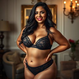 A sultry and alluring photographic portrait of a curvy, confident woman in her 30s, showcasing her voluptuous figure