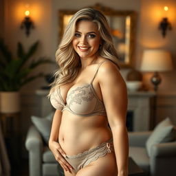 A captivating and sultry photographic portrait of a curvy, confident white woman in her 30s, highlighting her voluptuous figure