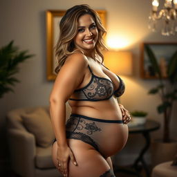 A captivating and sultry photographic portrait of a curvy, confident white woman in her 30s, highlighting her voluptuous figure