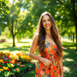 A beautiful woman with long flowing hair, wearing a vibrant summer dress, standing in a sunlit park