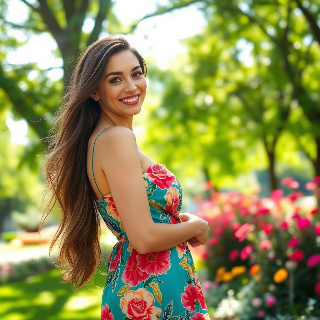 A beautiful woman with long flowing hair, wearing a vibrant summer dress, standing in a sunlit park