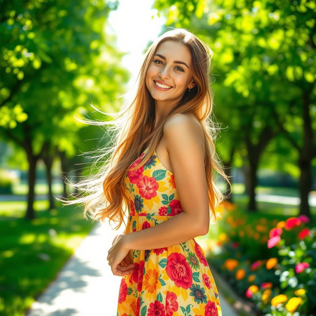 A beautiful woman with long flowing hair, wearing a vibrant summer dress, standing in a sunlit park