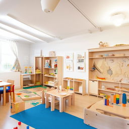 A bright and colorful Montessori classroom play area featuring educational toys, soft rugs, and wooden furniture.