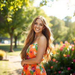 A beautiful woman with long flowing hair, wearing a vibrant summer dress, standing in a sunlit park