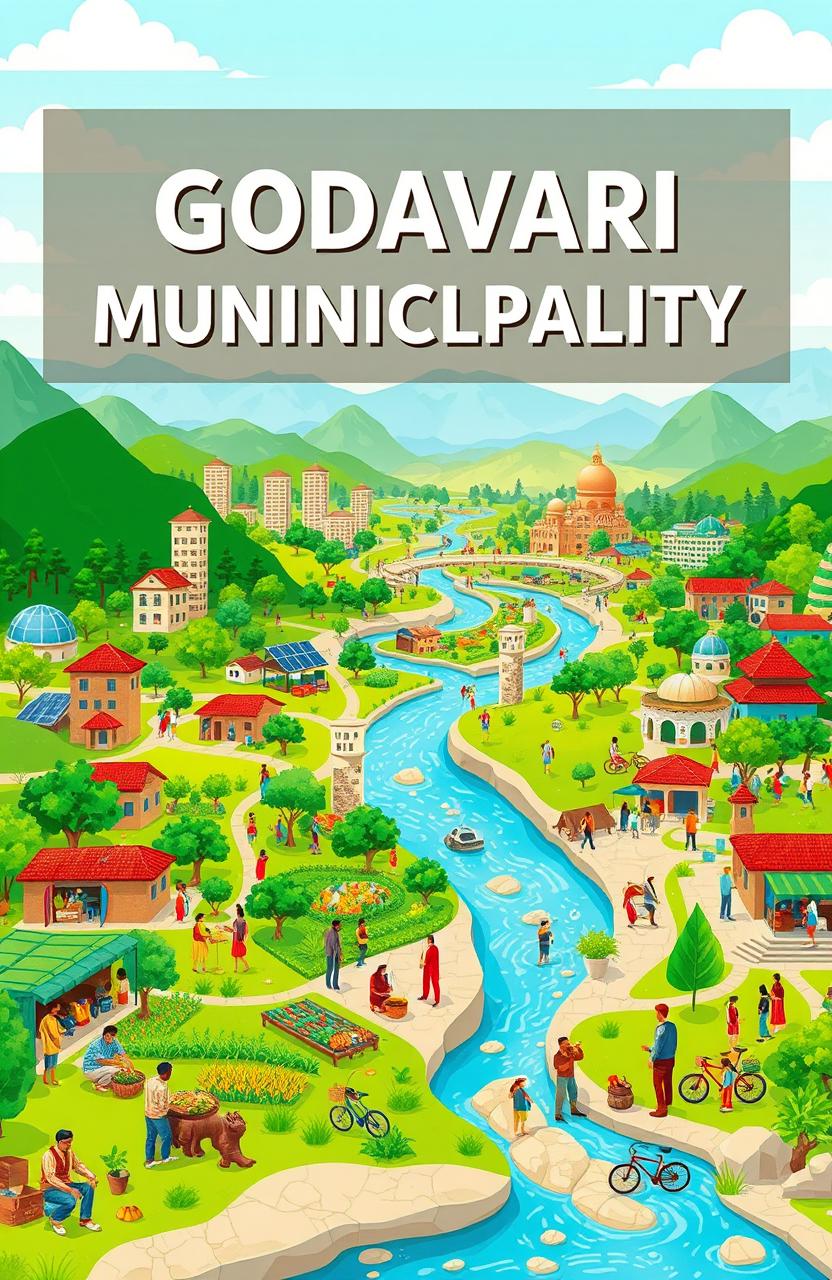 A vibrant and engaging illustration of the developmental journey of Godavari Municipality, showcasing sustainable economic growth