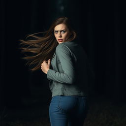 A beautiful woman with a frightened expression, running through a dark, eerie forest