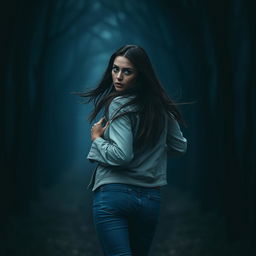 A beautiful woman with a frightened expression, running through a dark, eerie forest