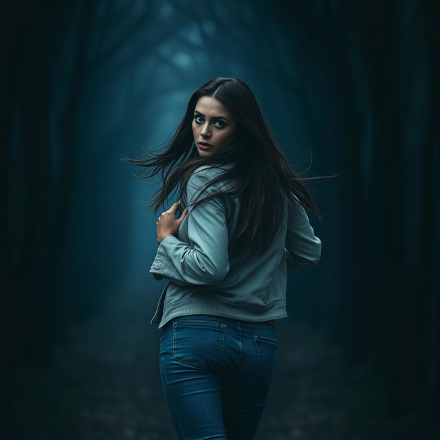 A beautiful woman with a frightened expression, running through a dark, eerie forest